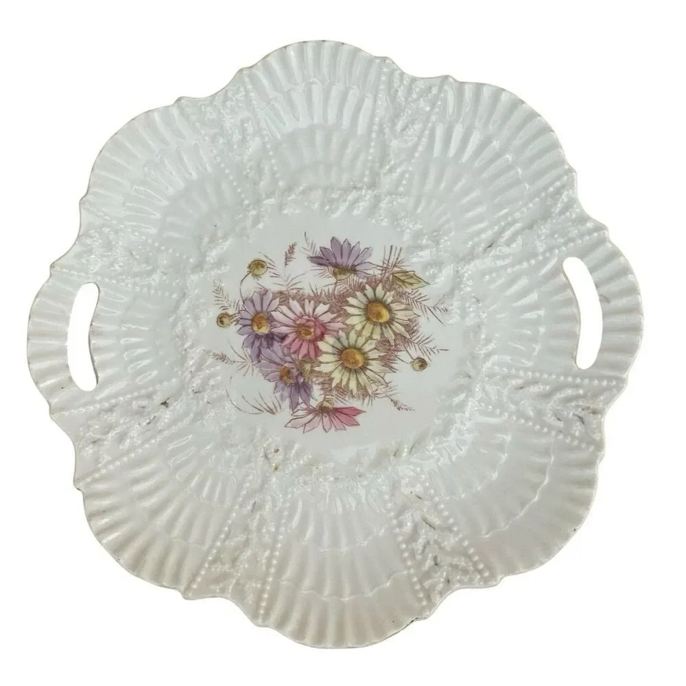 Bisque Scallop Coral Floral Limoges Round Tab Handle Platter/Tray Antique